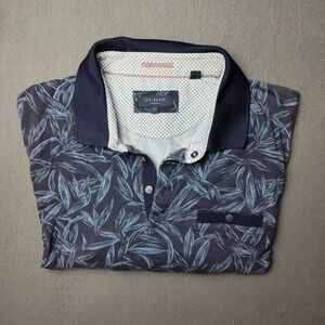 Ted Baker Polo Shirt Mens Extra Large Navy Blue Leaf Print Short Sleeve Casual
